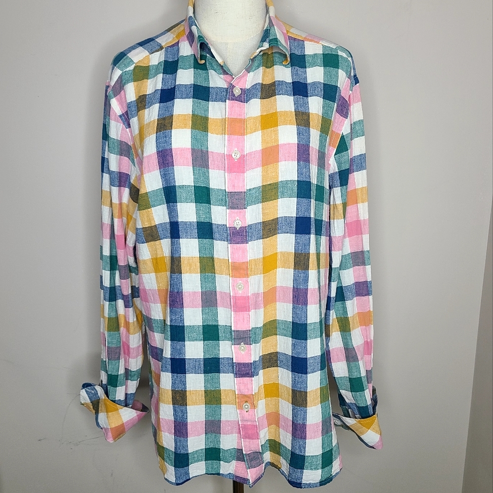 Boden Men's Multicolor Plaid Linen Blend‎ Button Down Shirt Size L